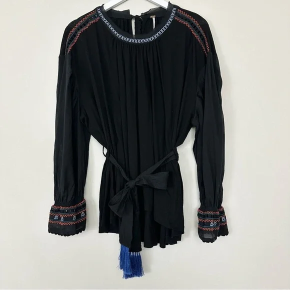 Free People On Holiday Embroidered Tunic Tribal Tassel Top Black - Picture 4 of 15